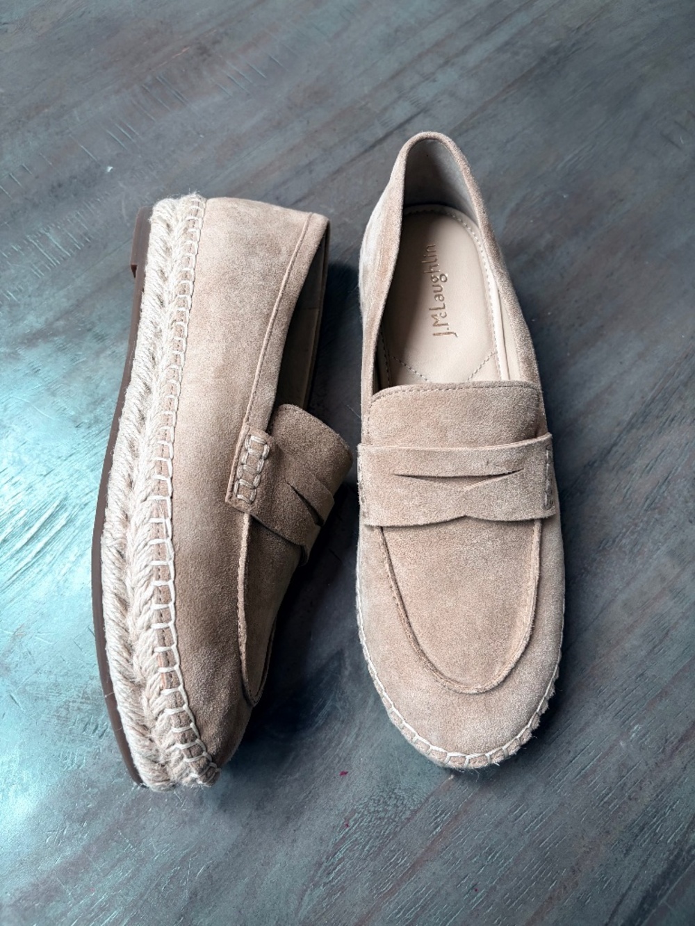 J. McLaughlin Edalene tan, suede loafers with espadrille trim.